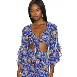 MISA Ancora Floral Tie Crop Top Blouse Blue NWT Size Small